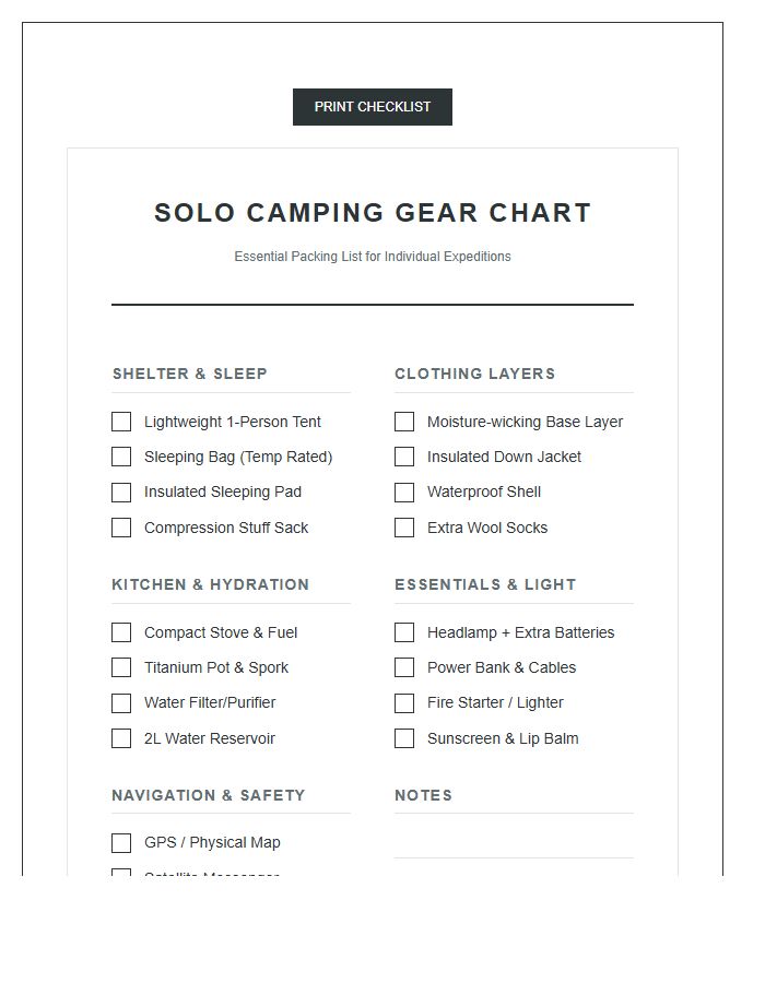Essential Solo Camping Gear Packing Chart Printable
