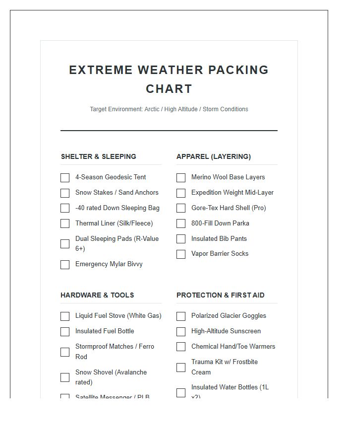Extreme Weather Camping Gear Packing Chart Printable