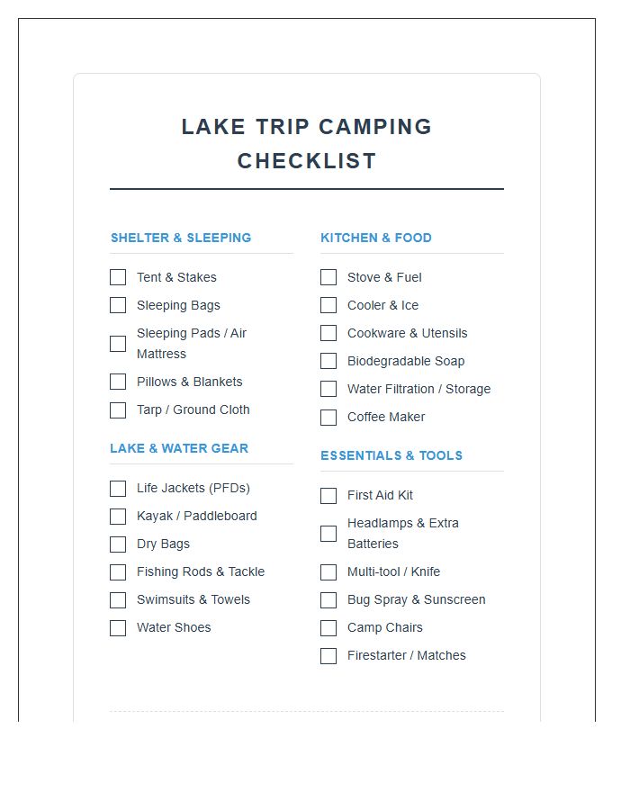 Lake Trip Camping Equipment Checklist Printable Chart