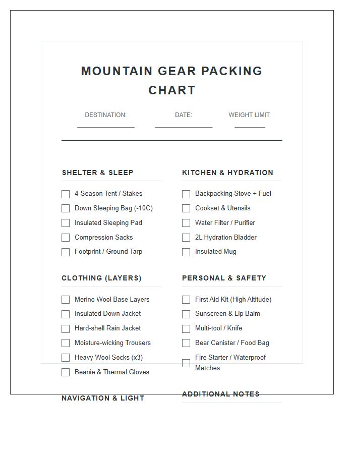 Mountain Camping Gear Packing Chart Printable
