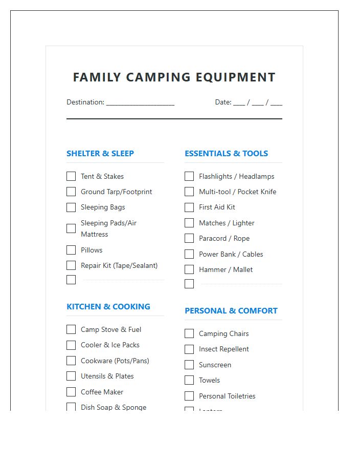 Printable Family Camping Trip Equipment Packing Chart