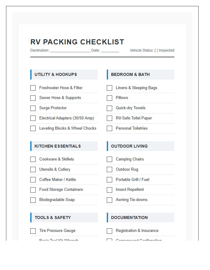 RV Camping Trip Equipment Packing Chart Printable