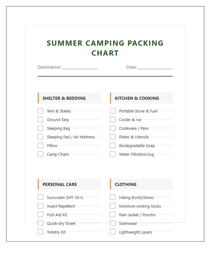 Summer Camping Supply Packing Chart Printable