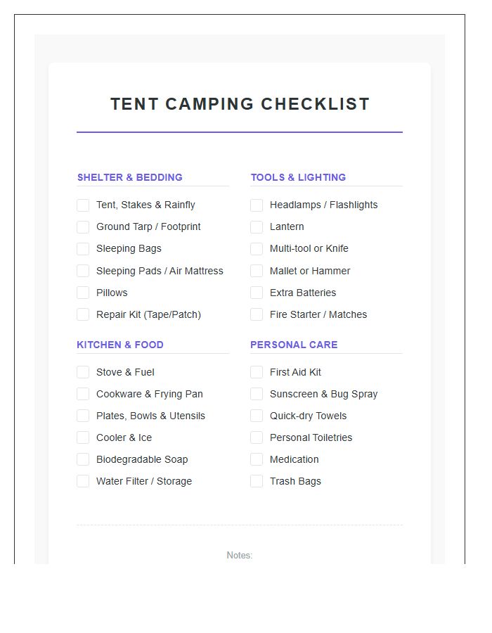 Tent Camping Equipment Checklist Printable Chart