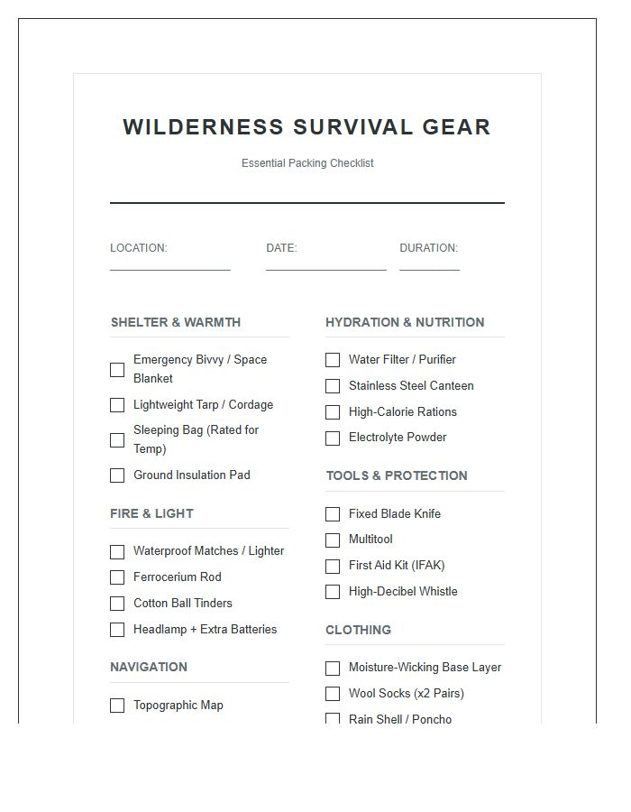 Wilderness Survival Gear Packing Chart Printable