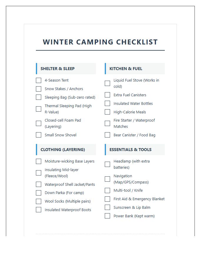 Winter Camping Equipment Checklist Printable Chart