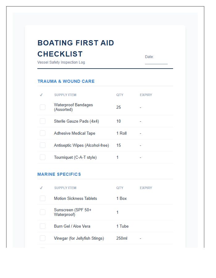 Boating Safety First Aid Kit Supply Chart Checklist Printable