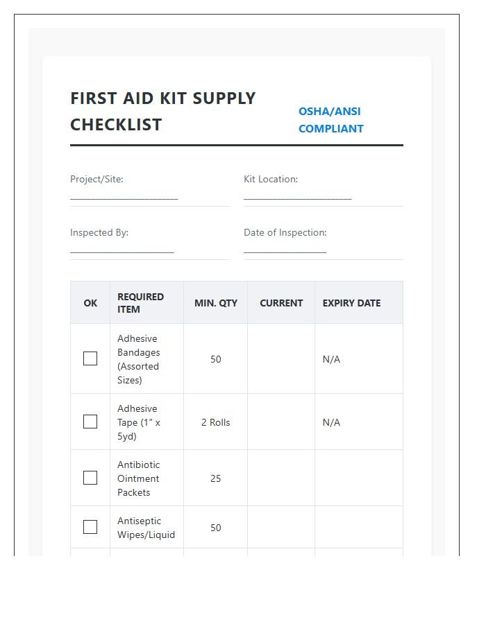 Construction Site First Aid Kit Supply Chart Checklist Printable