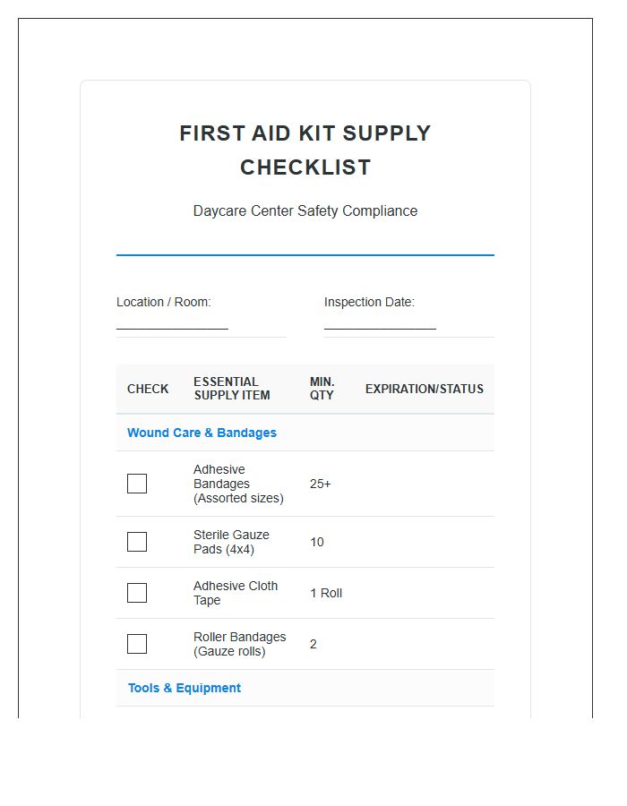 Daycare Center First Aid Kit Supply Chart Checklist Printable