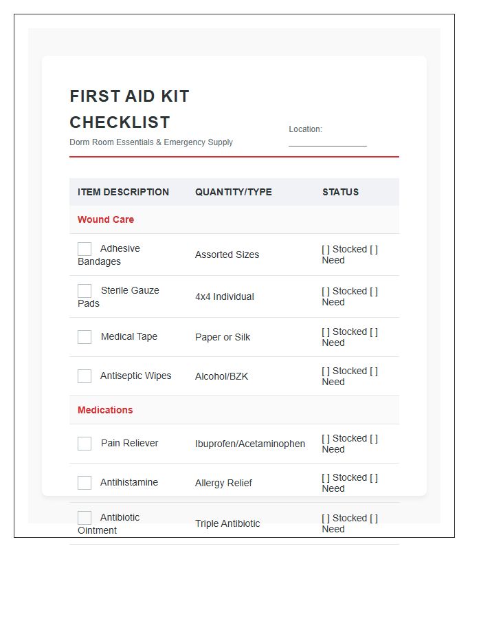 Dorm Room First Aid Kit Supply Chart Checklist Printable