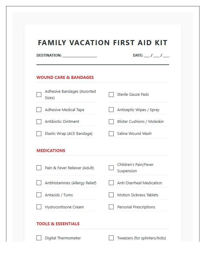 Family Vacation First Aid Kit Supply Chart Checklist Printable