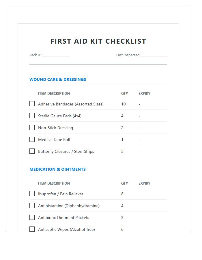 Hiking Backpack First Aid Kit Supply Chart Checklist Printable