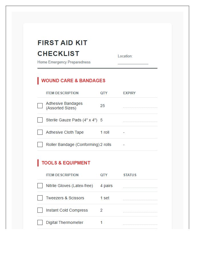 Home Emergency First Aid Kit Supply Chart Checklist Printable