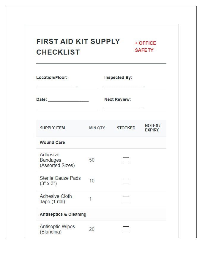 Office Building First Aid Kit Supply Chart Checklist Printable