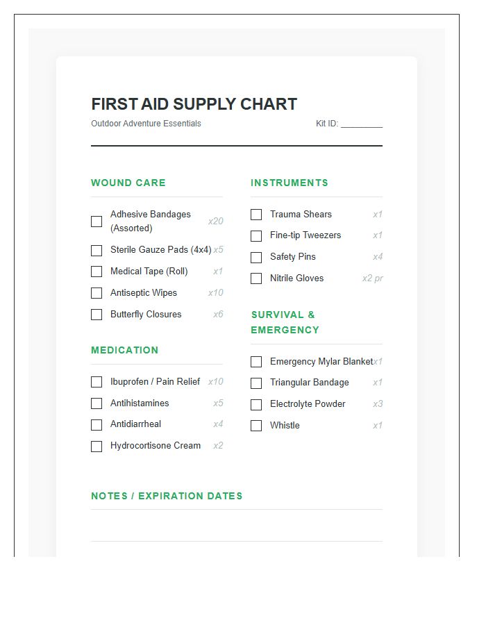 Outdoor Adventure First Aid Kit Supply Chart Checklist Printable