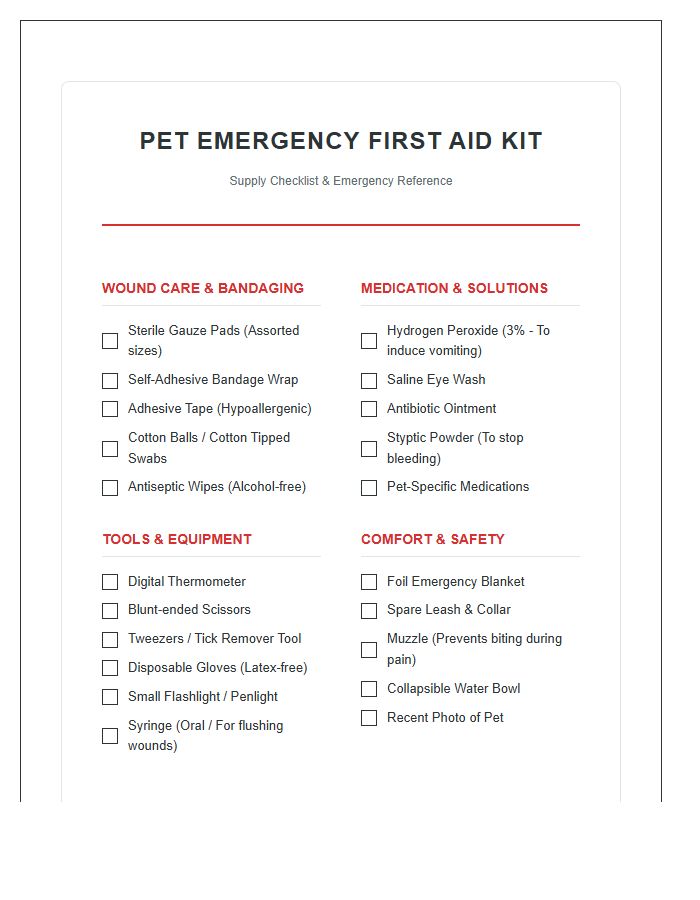 Pet Emergency First Aid Kit Supply Chart Checklist Printable