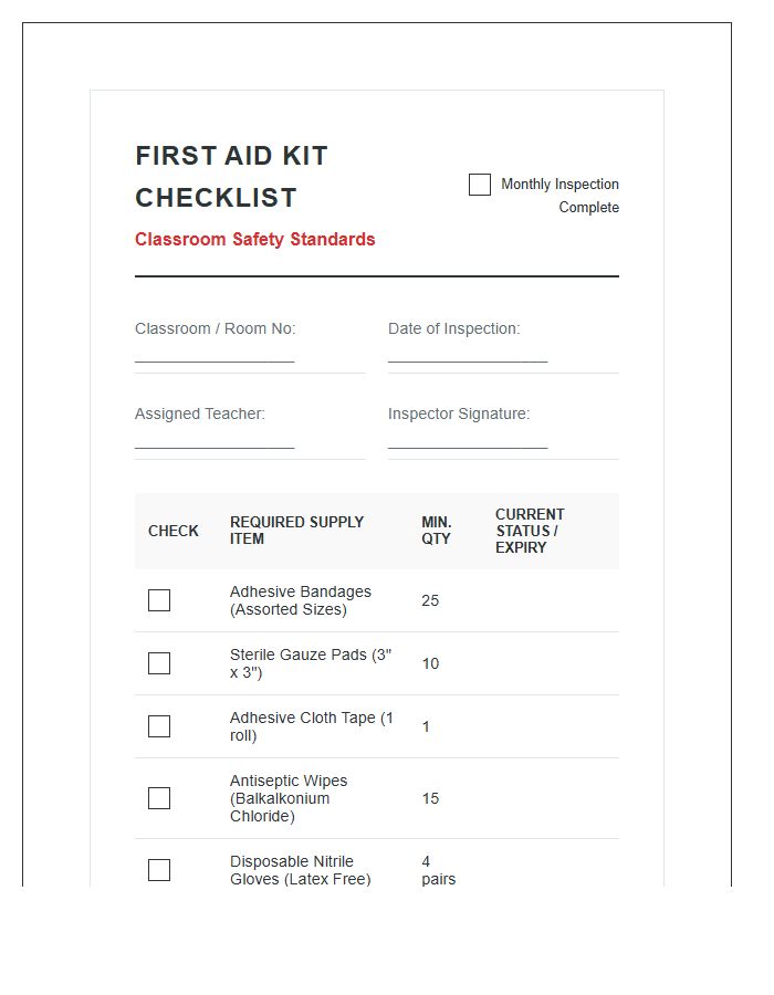 School Classroom First Aid Kit Supply Chart Checklist Printable