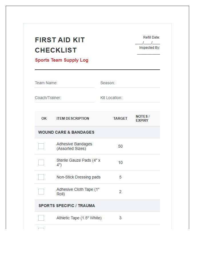 Sports Team First Aid Kit Supply Chart Checklist Printable
