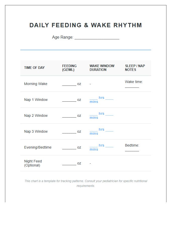 Bottle Feeding And Wake Window Printable Chart