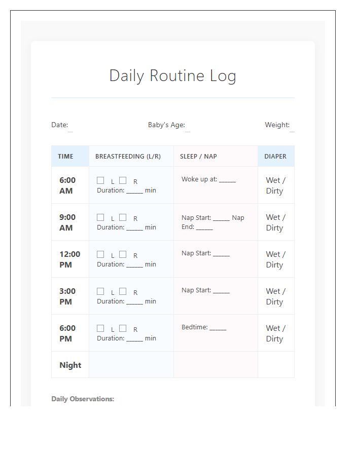 Breastfeeding And Baby Sleep Routine Printable Chart