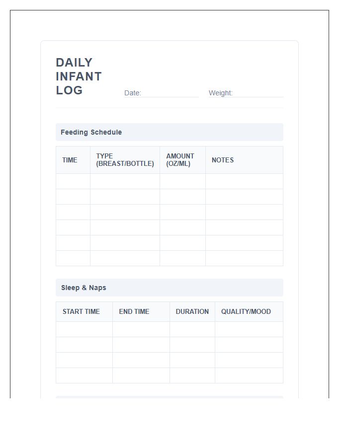 Daily Infant Sleep And Meal Log Printable Chart