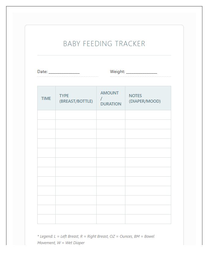 First Time Parent Baby Feeding Printable Chart