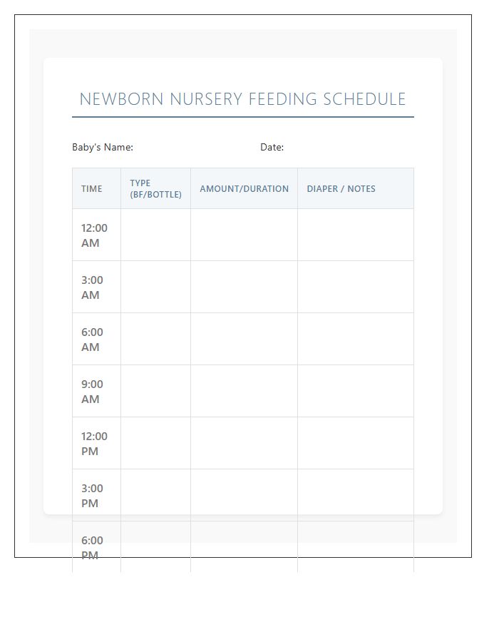 Newborn Nursery Feeding Schedule Printable Chart