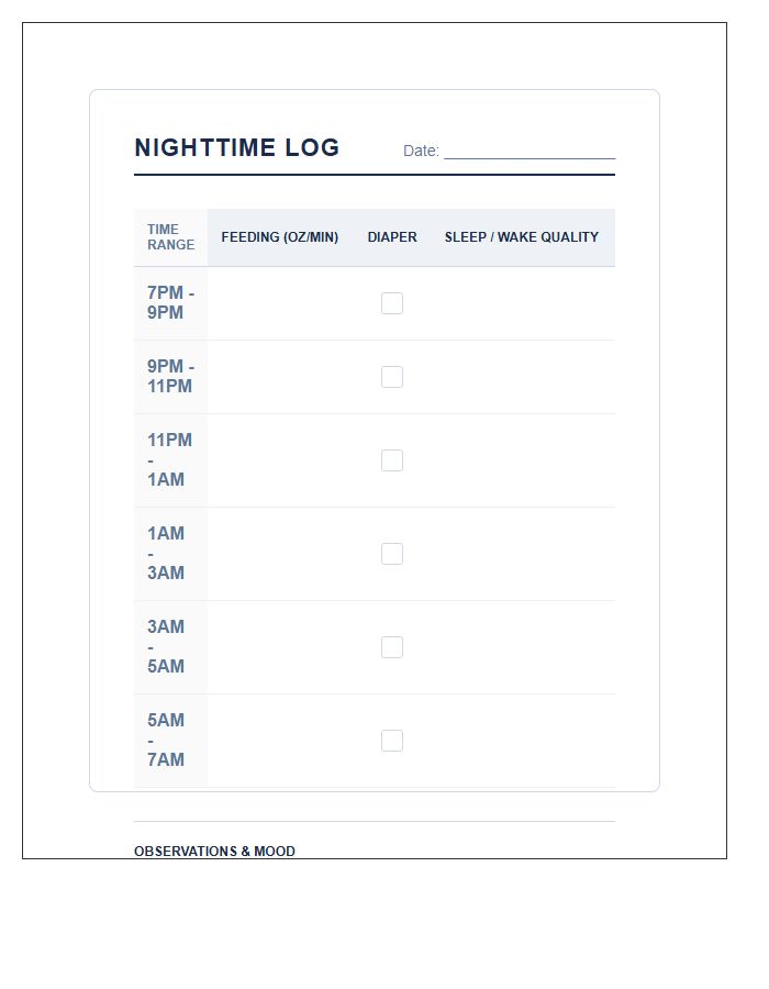 Nighttime Baby Sleep And Feeding Printable Chart