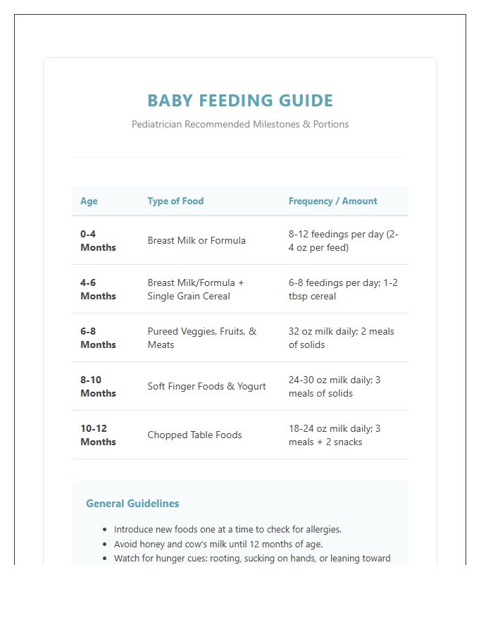 Pediatrician Recommended Baby Feeding Printable Chart