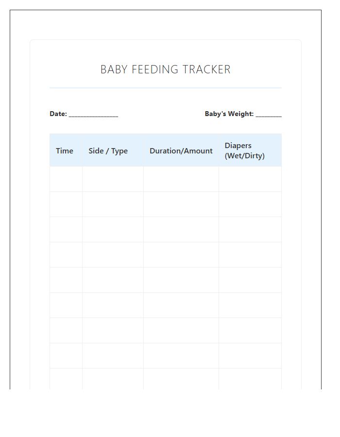 Prenatal Preparation Baby Feeding Printable Chart