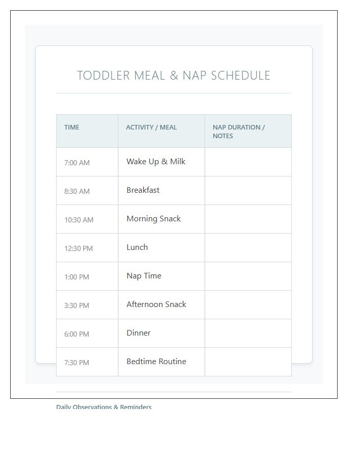 Toddler Meal And Nap Schedule Printable Chart