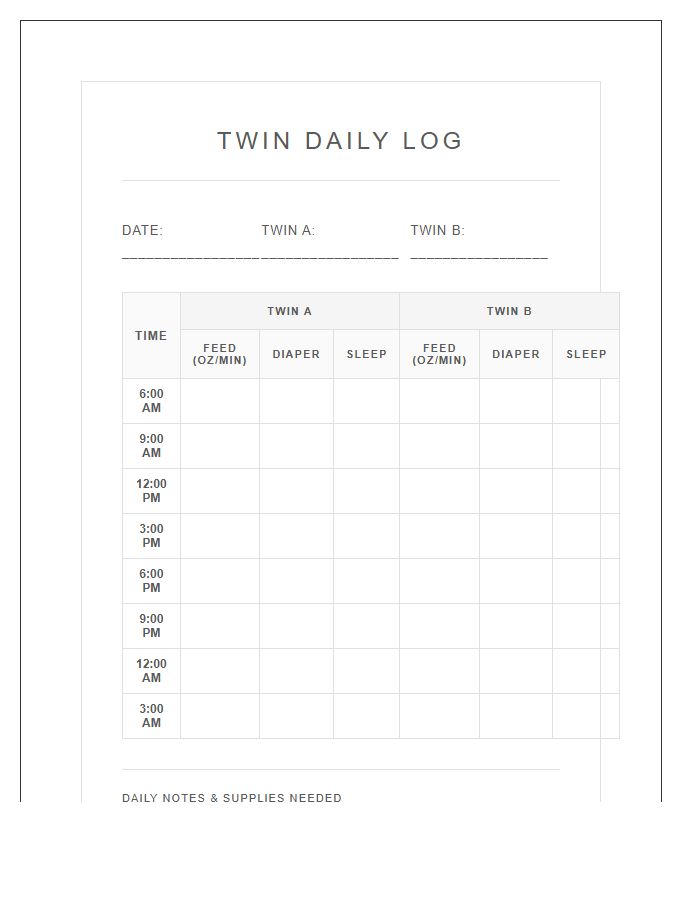 Twin Baby Feeding And Sleep Printable Chart