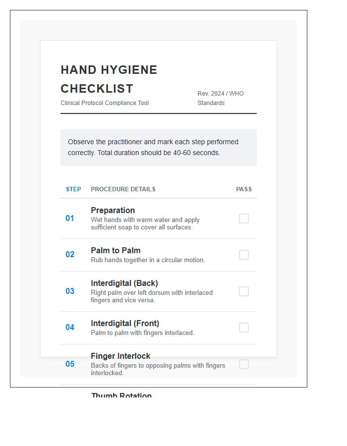 Clinical Hand Washing Instructional Checklist Chart Printable