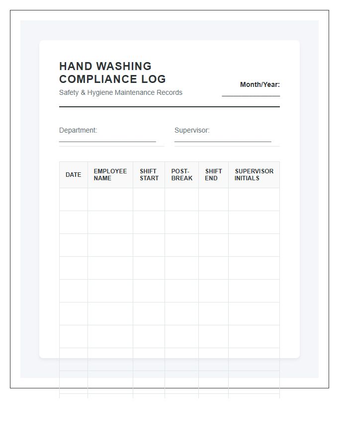 Employee Hand Washing Compliance Checklist Chart Printable