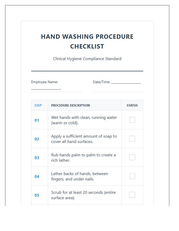 Professional Hand Washing Procedure Checklist Chart Printable