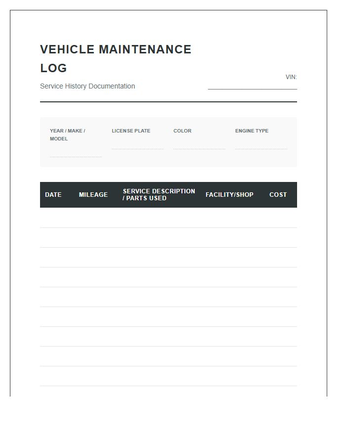 Auto Repair Service History Documentation Chart Printable