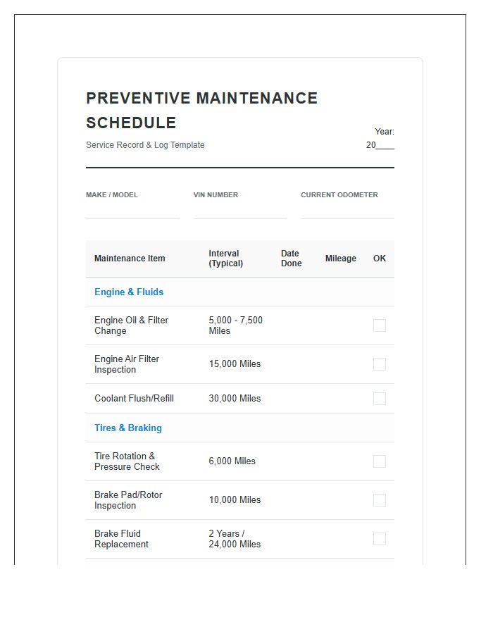 Automotive Preventive Maintenance Schedule Chart Printable
