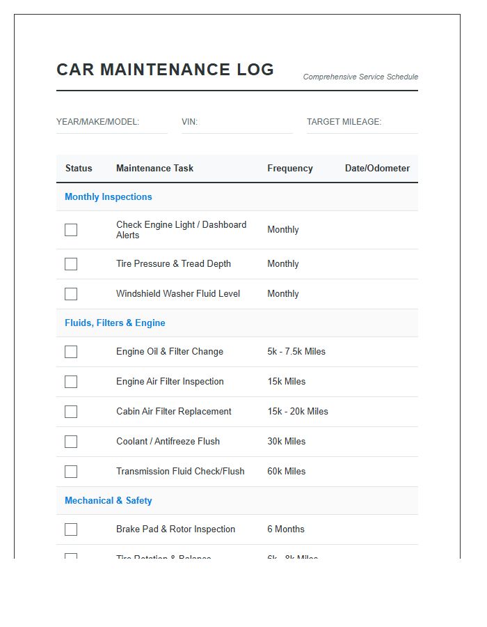 Comprehensive Car Maintenance Task List Chart Printable