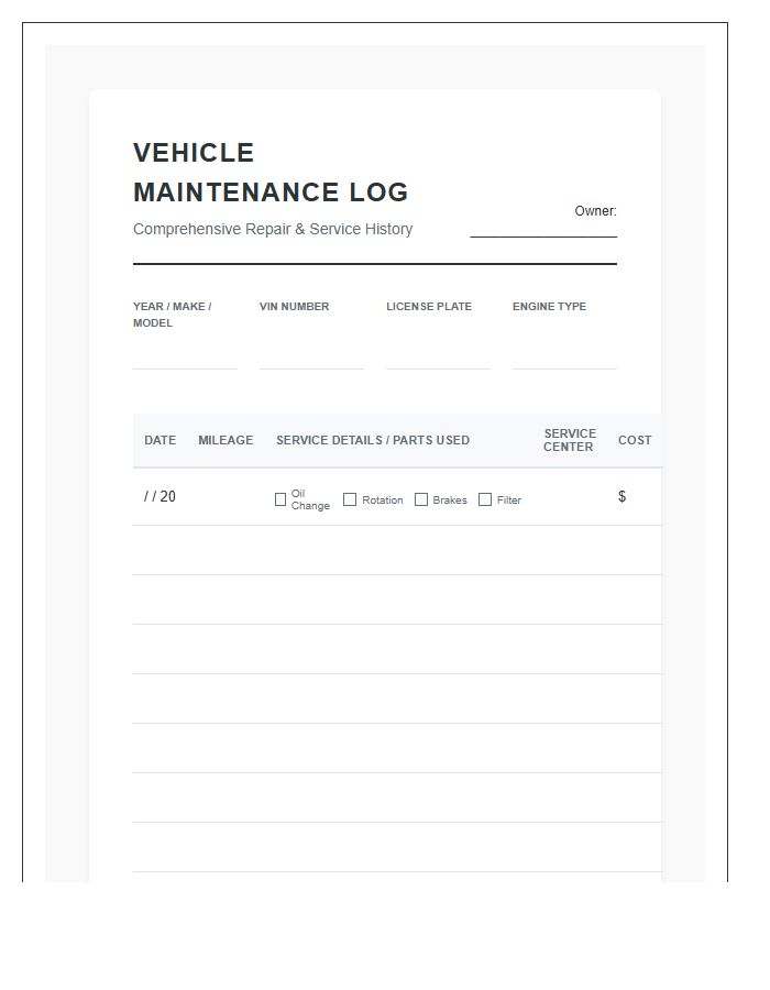 Comprehensive Car Repair History Chart Printable