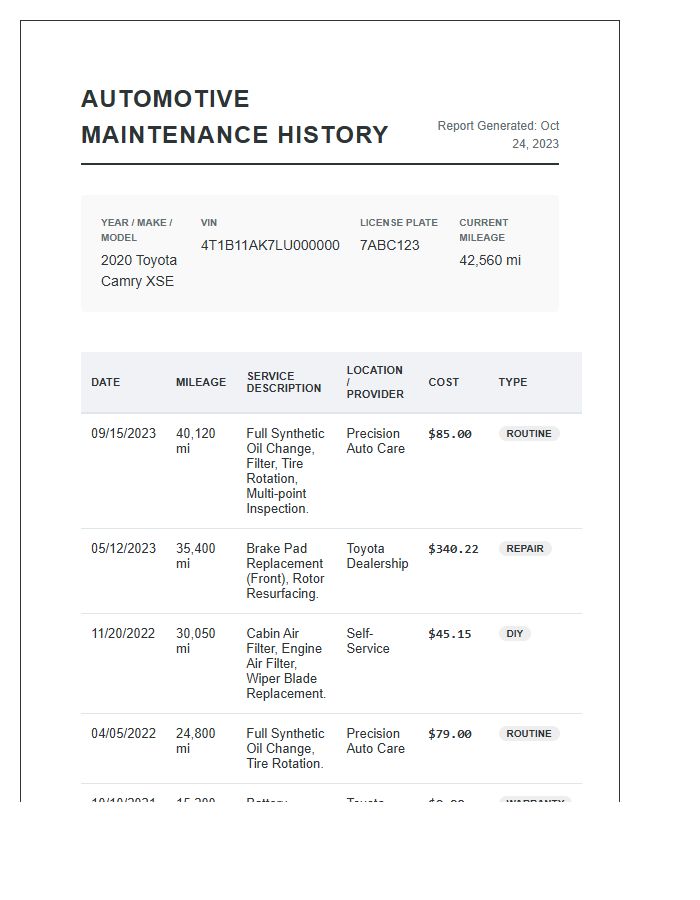 Detailed Automotive Maintenance History Summary Chart Printable