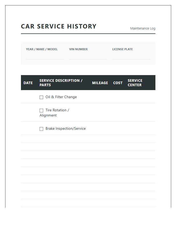 Essential Car Service History Tracking Chart Printable