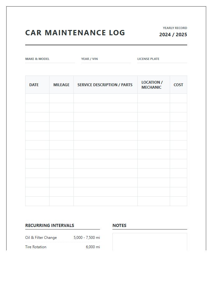 Personal Car Maintenance Management Chart Printable