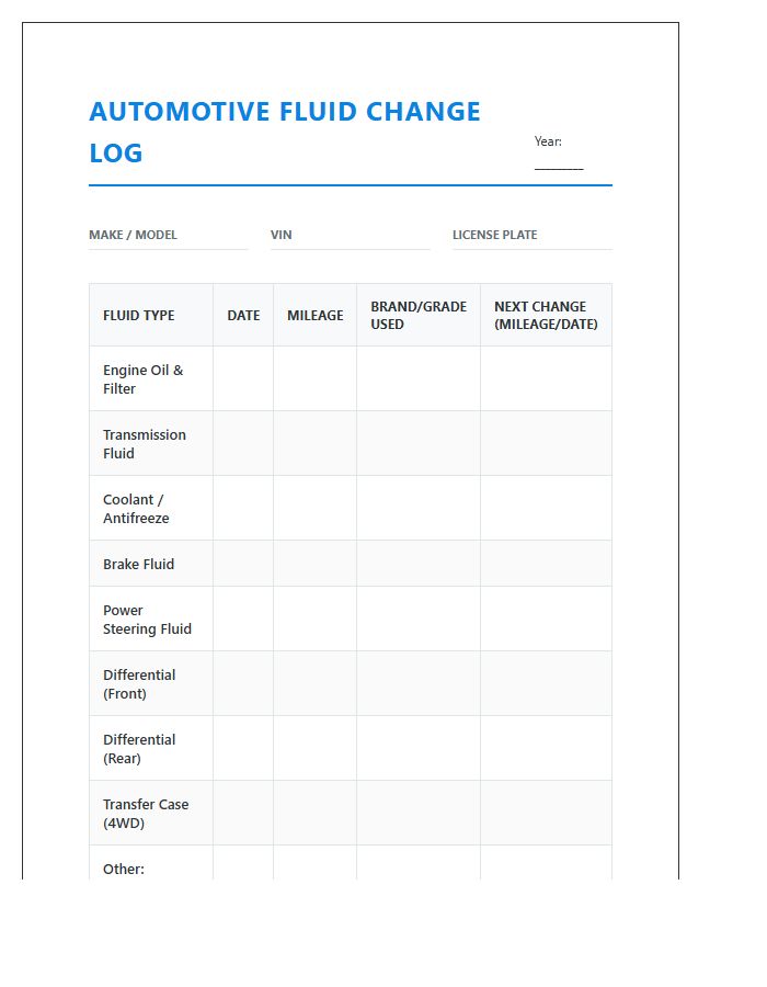 Printable Automotive Fluid Change Log Chart