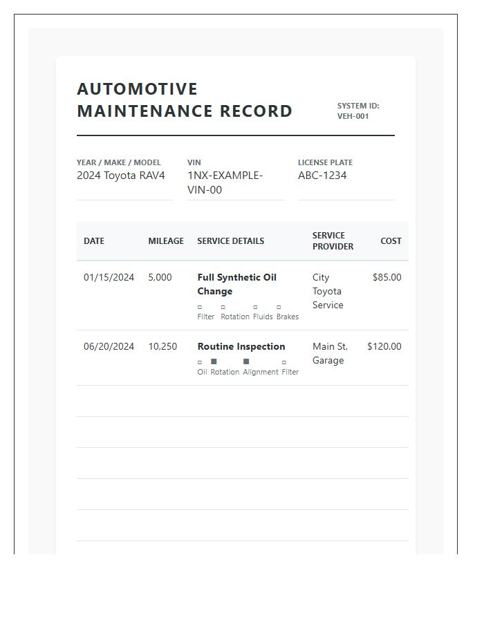Printable Automotive Maintenance Record System Chart
