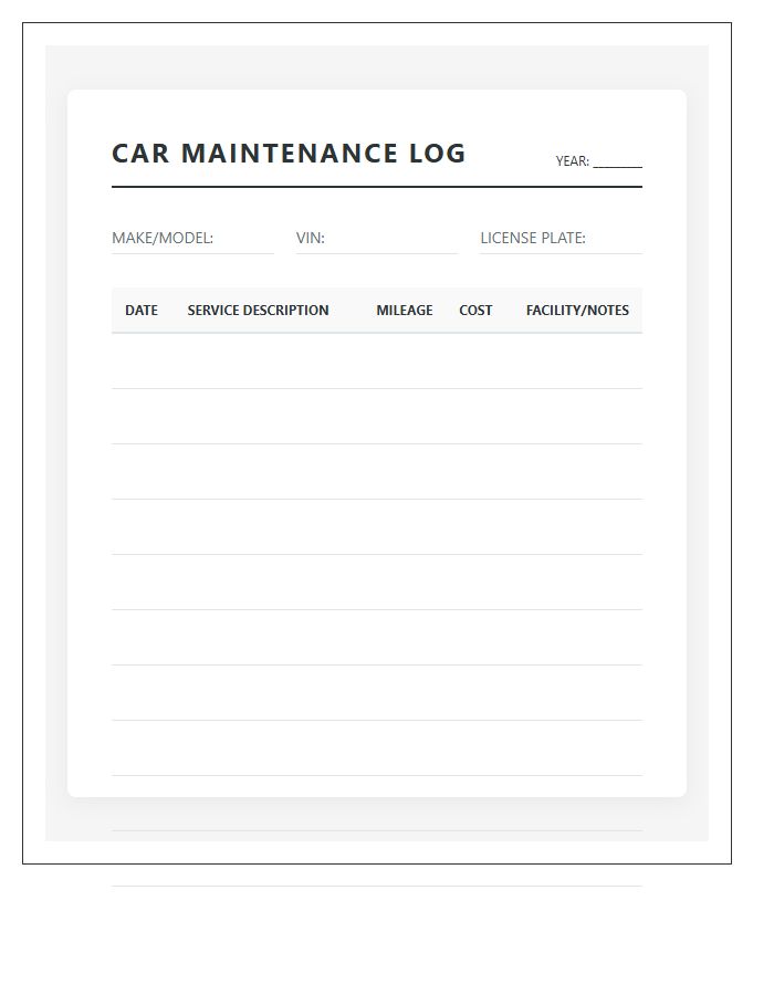 Printable Car Care Log Book Page Chart