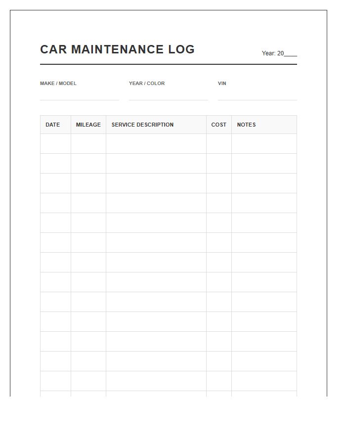 Printable Car Maintenance Log Sheet Chart