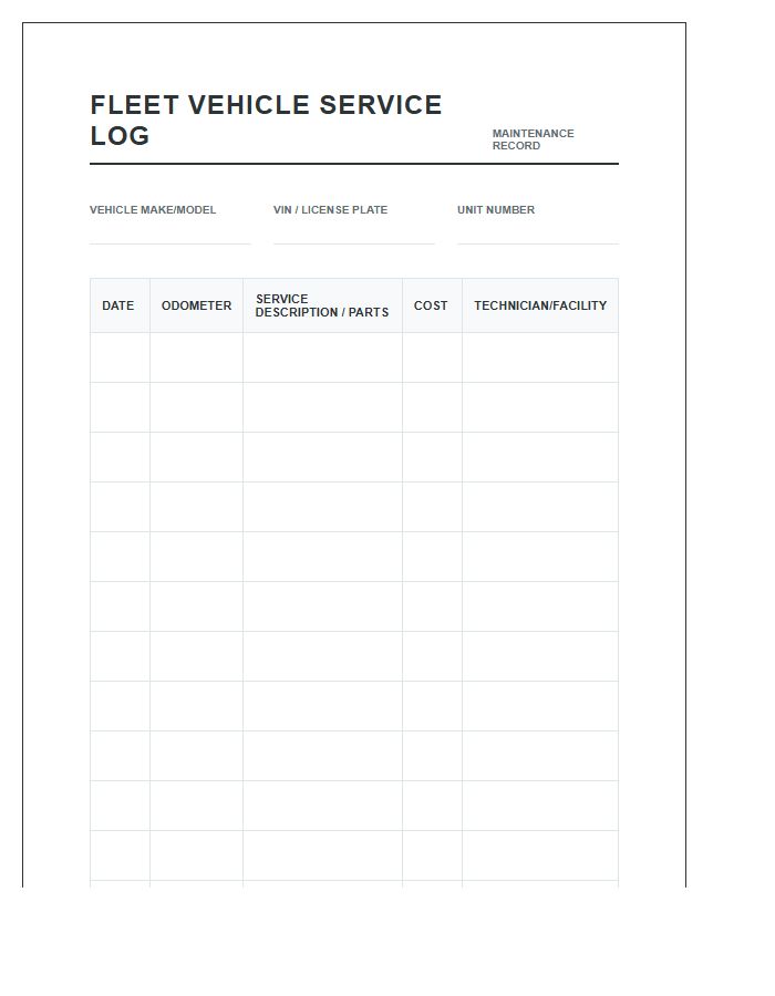 Printable Fleet Vehicle Service Log Chart
