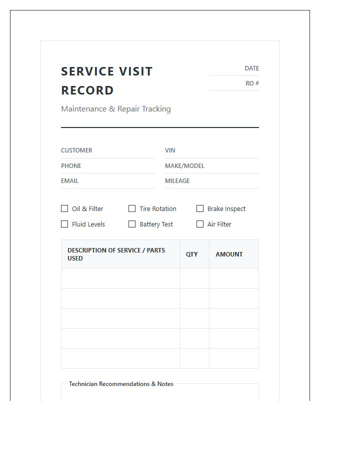 Printable Mechanic Service Visit Record Chart