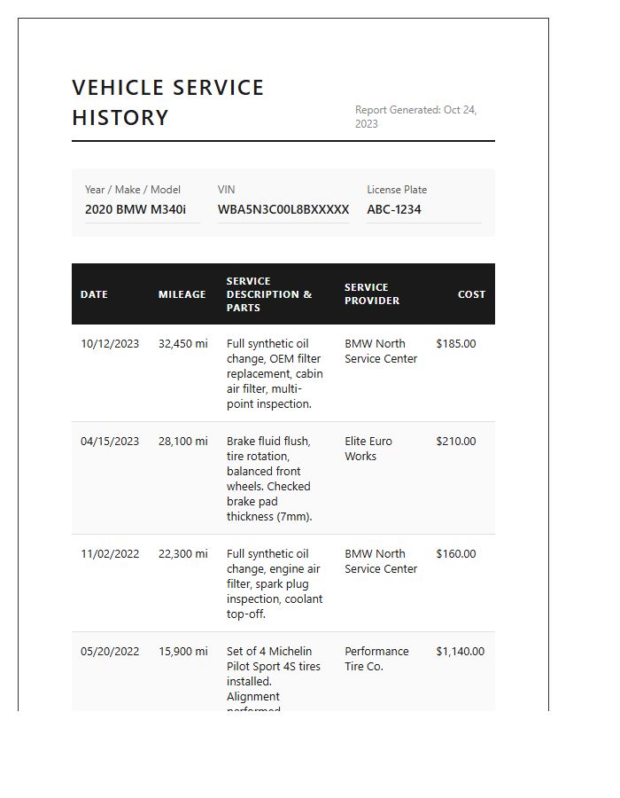 Printable Professional Vehicle Service History Chart
