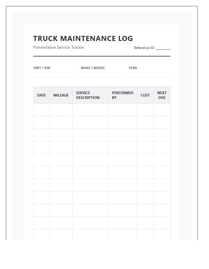 Printable Truck Maintenance Service Tracker Chart